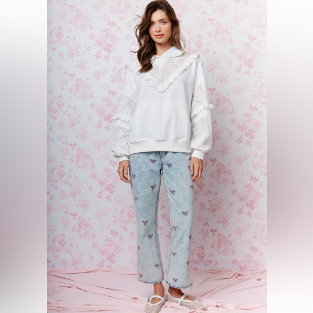 350. Embroidered bow high rise wide leg denim